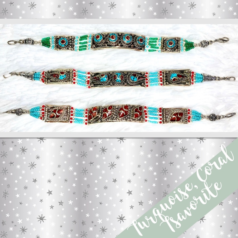 Turquoise & Coral Tibetan Silver Bracelet 7.5” (Turquoise Blue, Red, Green)
